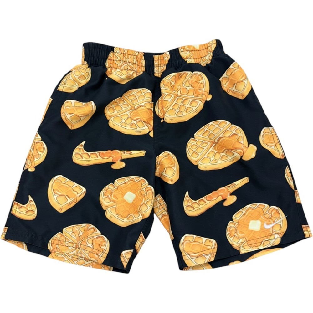 Nike Swim Trunks Kids 7 Black Waffle Syrup Print Mesh Lined Shorts NESSF862